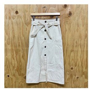 High Waist Button Down Waist Tie Cream Skirt